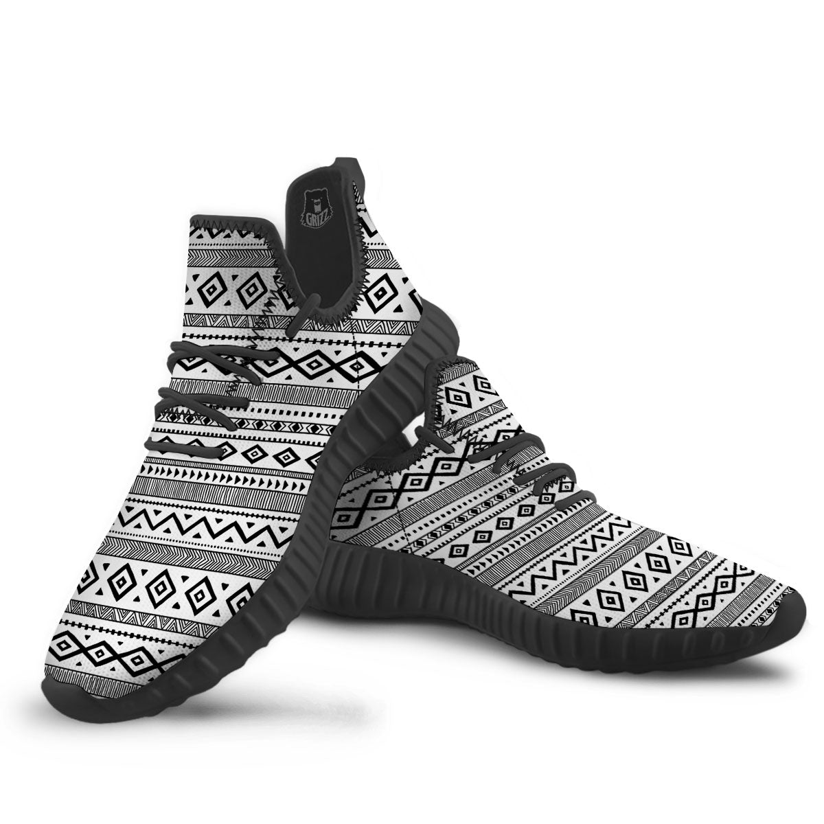 Ethnic White And Black Print Pattern Black Walking Shoes-grizzshop