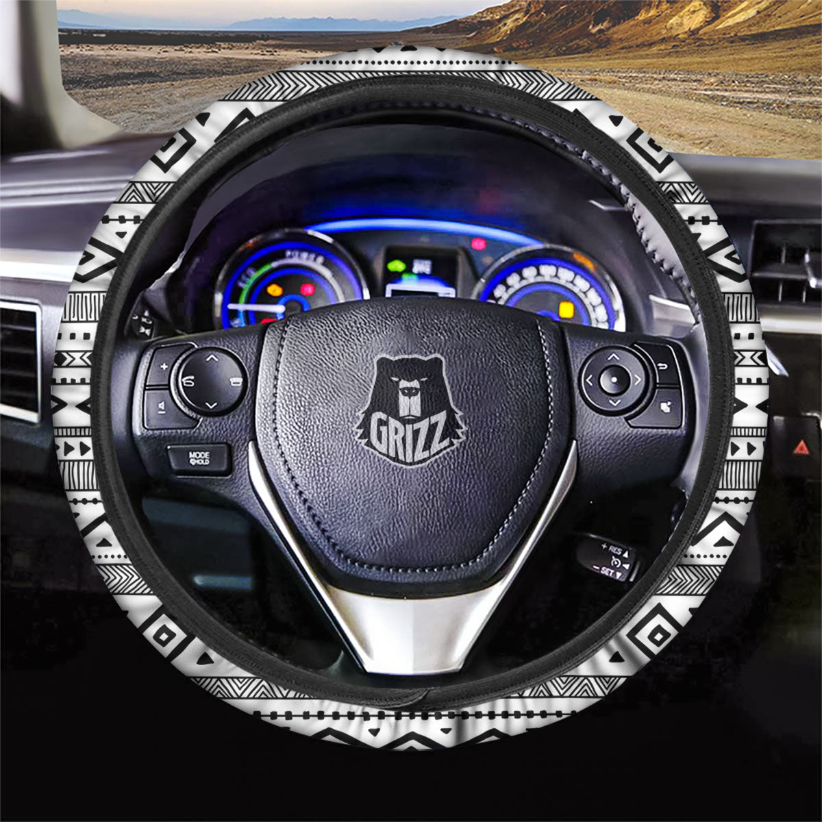 Ethnic White And Black Print Pattern Car Steering Wheel Cover-grizzshop