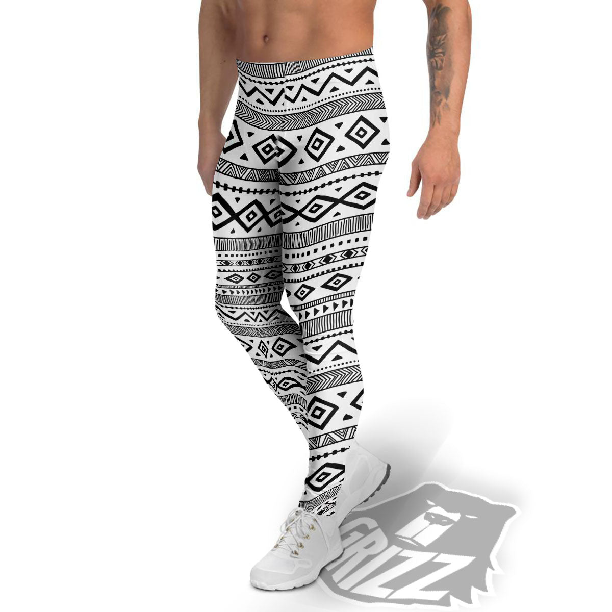 Ethnic White And Black Print Pattern Men's Leggings-grizzshop