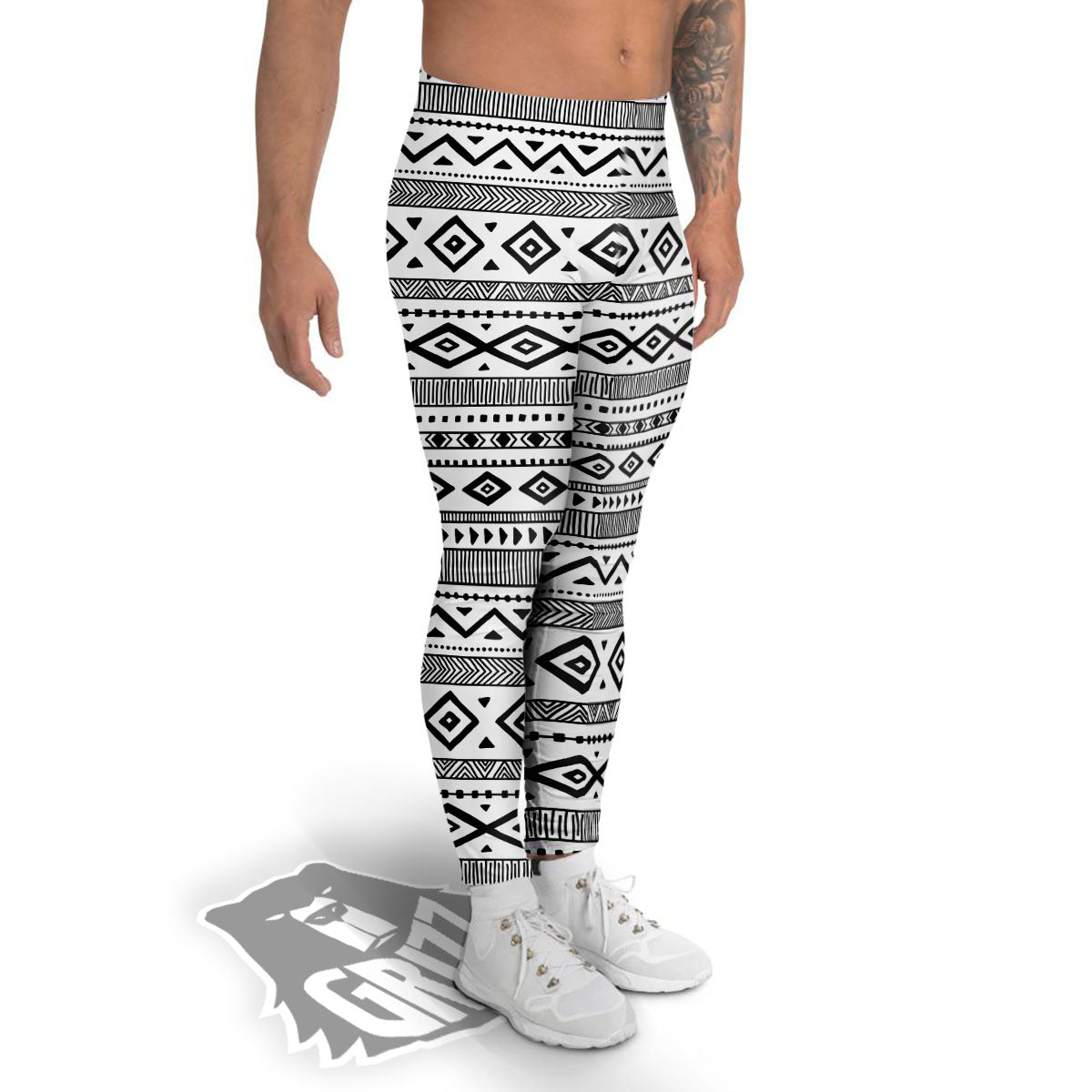 Ethnic White And Black Print Pattern Men's Leggings-grizzshop