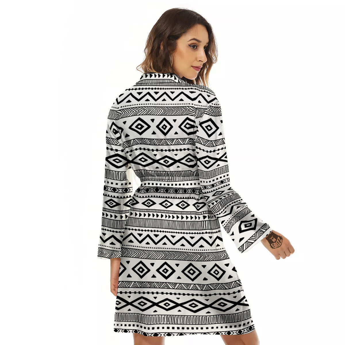 Ethnic White And Black Print Pattern Women's Robe-grizzshop