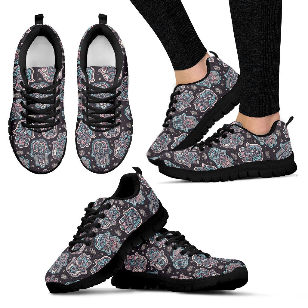 Evil Eye Hamsa Pattern Print Black Sneaker Shoes For Men Women-grizzshop