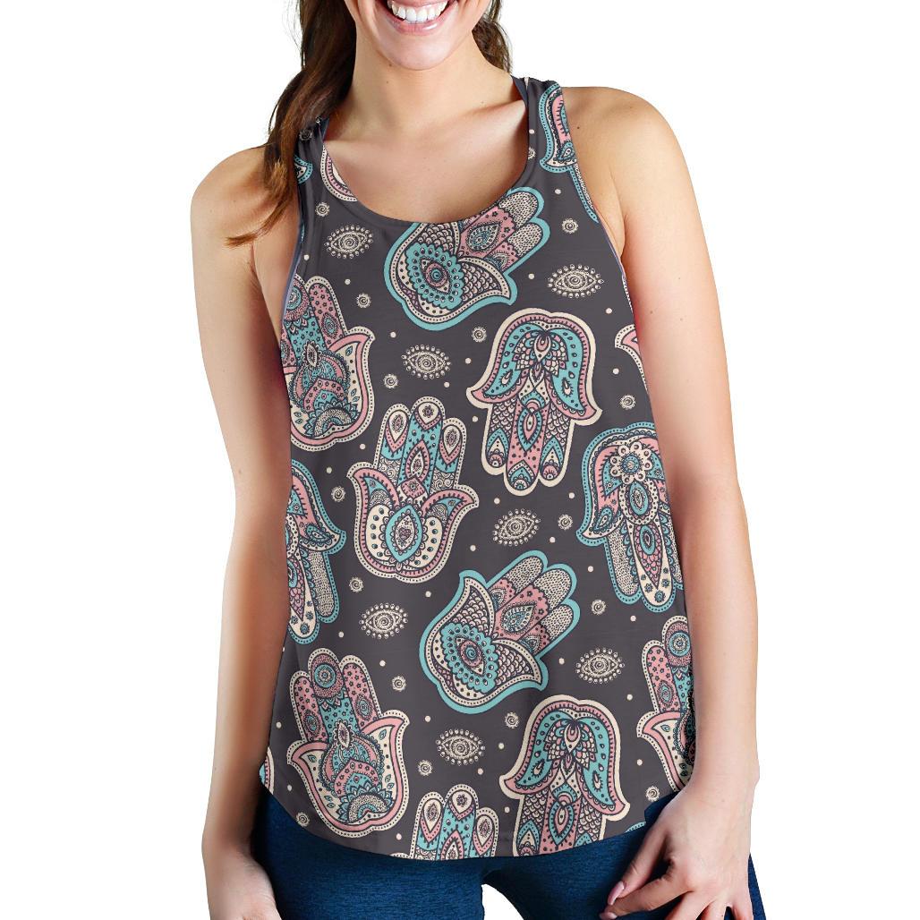 Evil Eye Hamsa Pattern Print Racerback Tank Tops-grizzshop