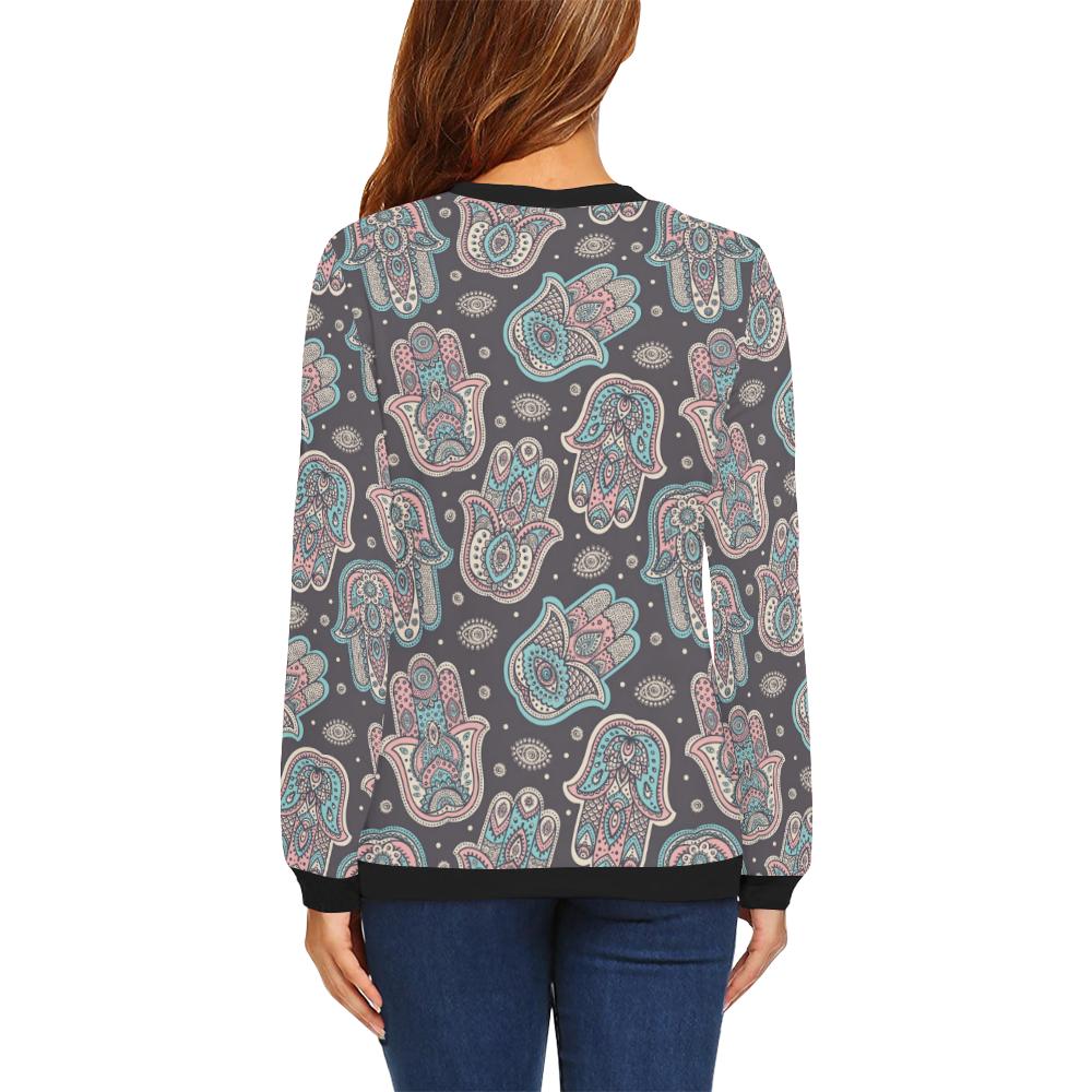 Evil Eye Hamsa Pattern Print Women Crewneck Sweatshirt-grizzshop