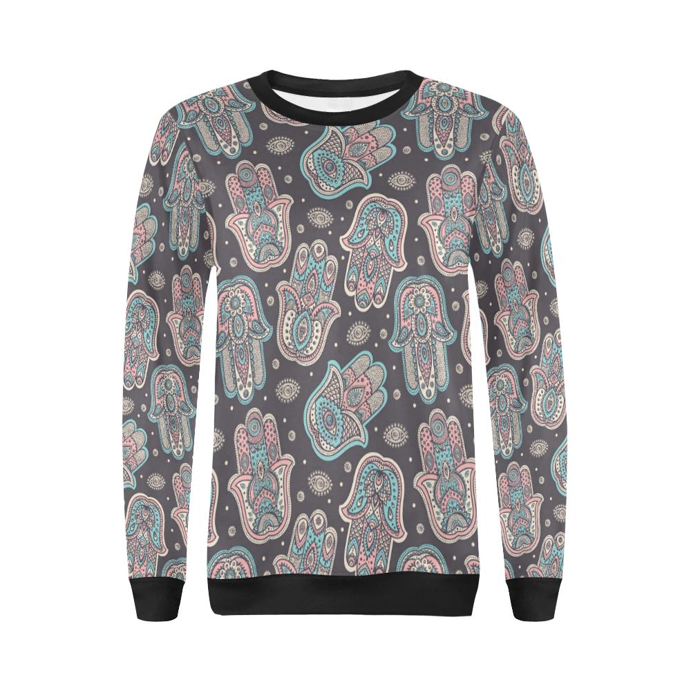 Evil Eye Hamsa Pattern Print Women Crewneck Sweatshirt-grizzshop