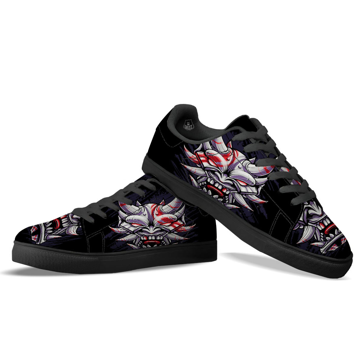 Evil Samurai Mask Print Black Low Top Sneakers-grizzshop