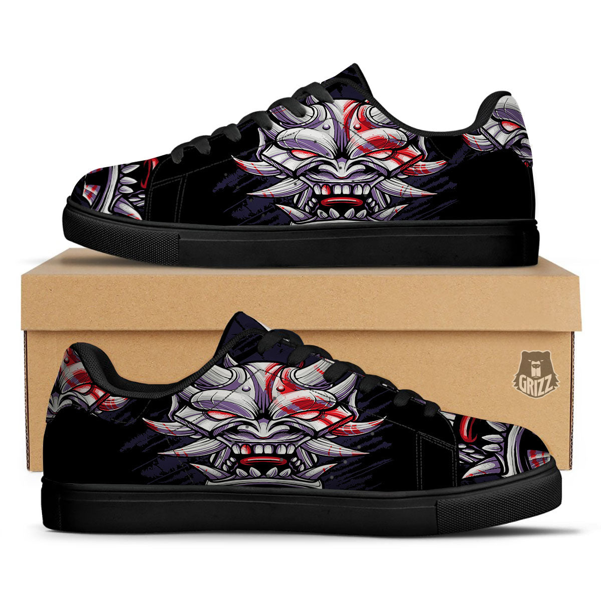 Evil Samurai Mask Print Black Low Top Sneakers-grizzshop