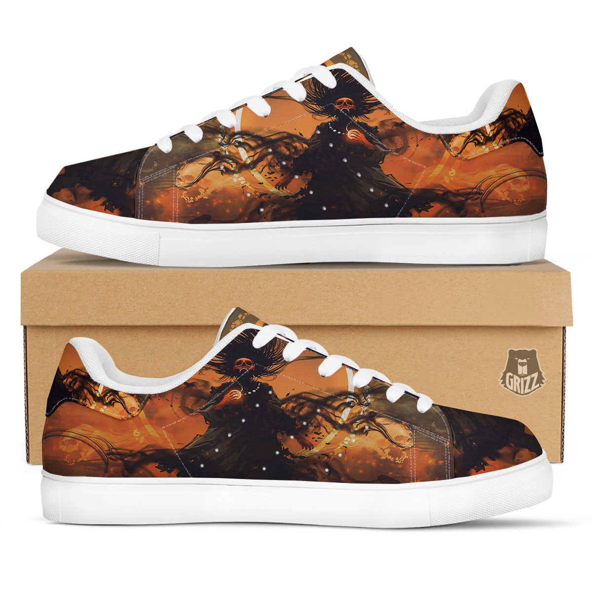 Evil Witch Print White Low Top Sneakers-grizzshop