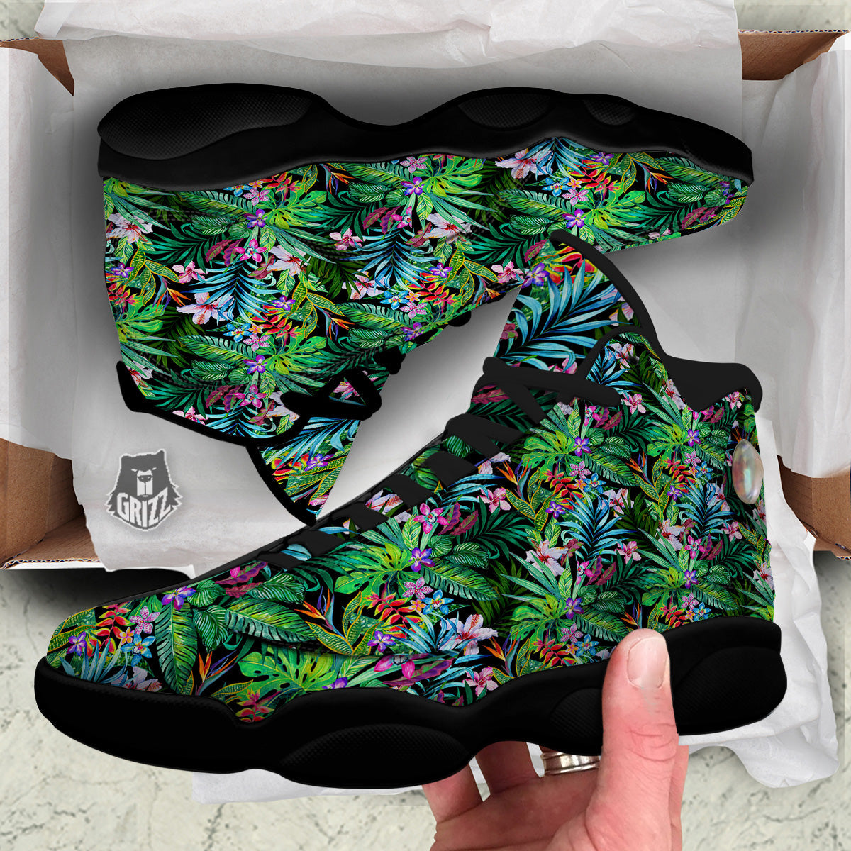 Exotic Hibiscus And Palm Print Pattern Black Basketball Shoes-grizzshop