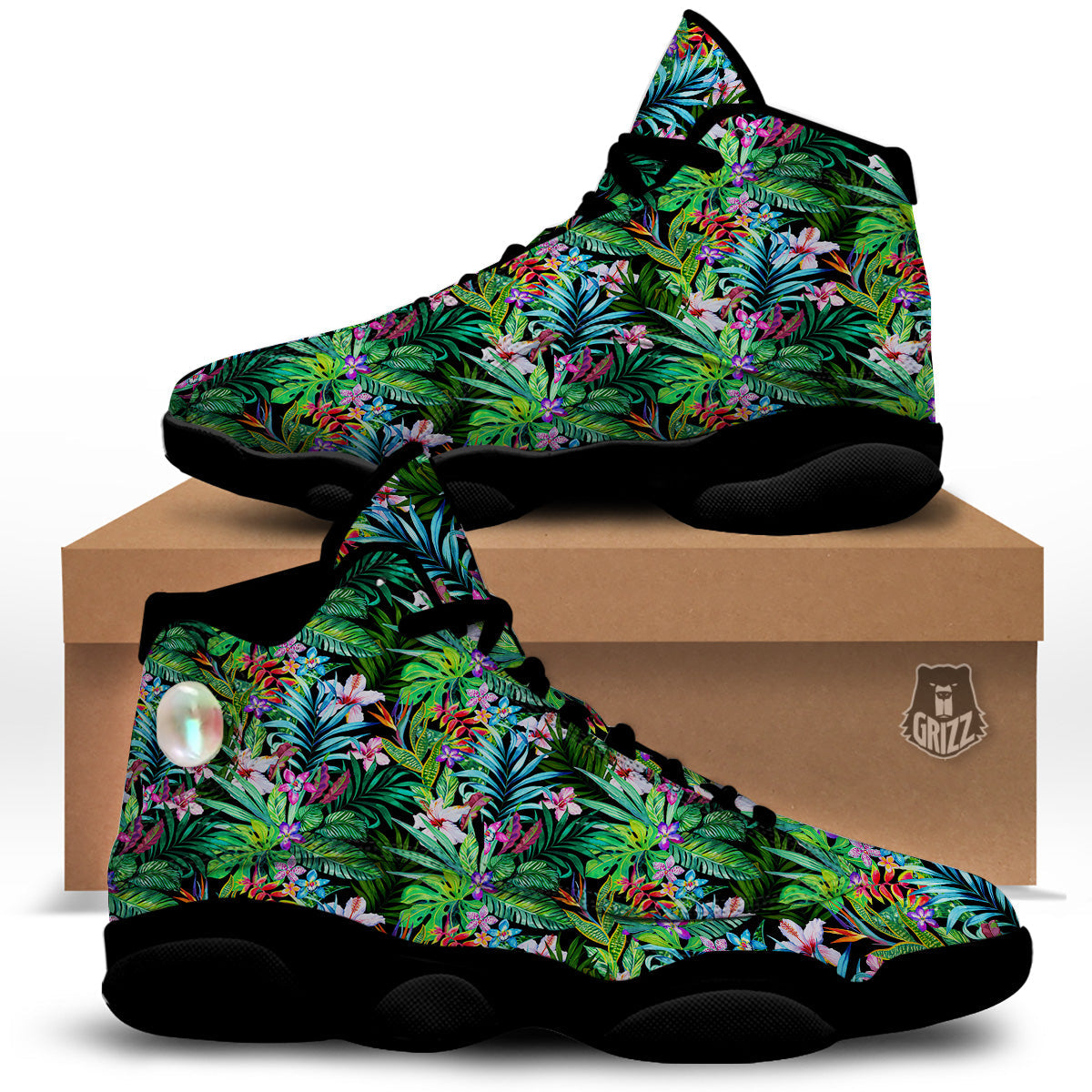 Exotic Hibiscus And Palm Print Pattern Black Basketball Shoes-grizzshop