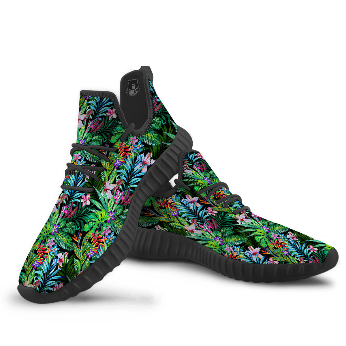 Exotic Hibiscus And Palm Print Pattern Black Walking Shoes-grizzshop