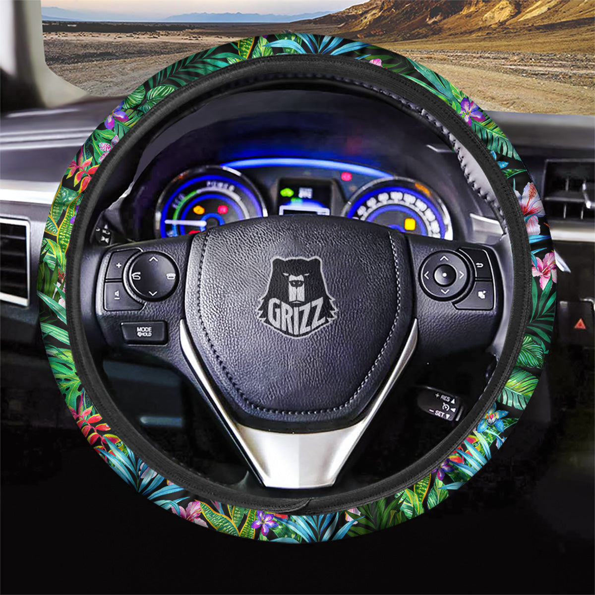 Exotic Hibiscus And Palm Print Pattern Car Steering Wheel Cover-grizzshop