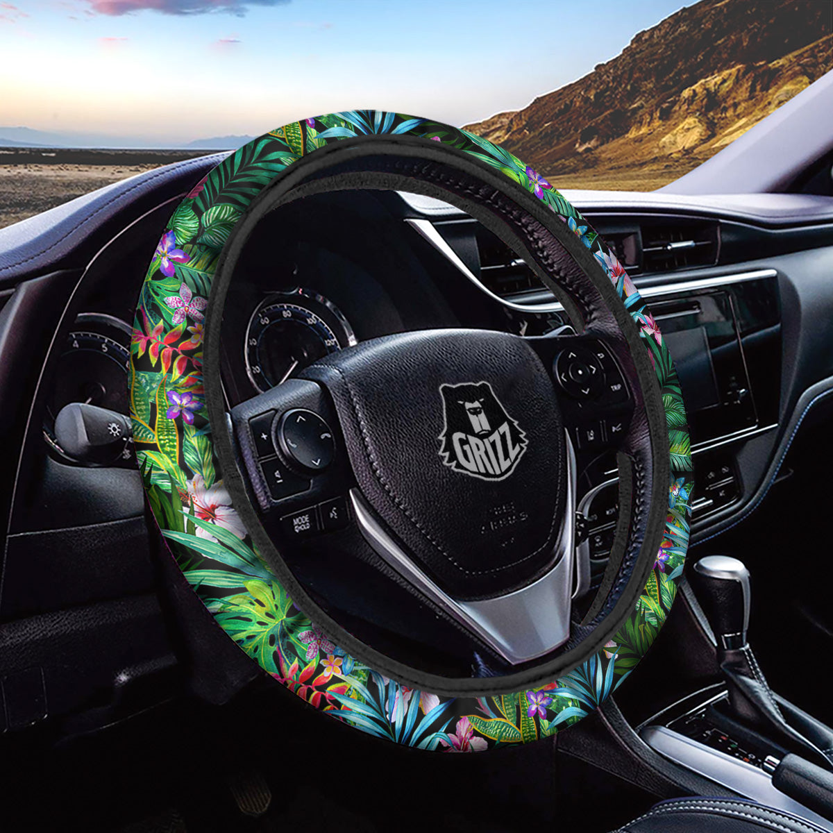 Exotic Hibiscus And Palm Print Pattern Car Steering Wheel Cover-grizzshop