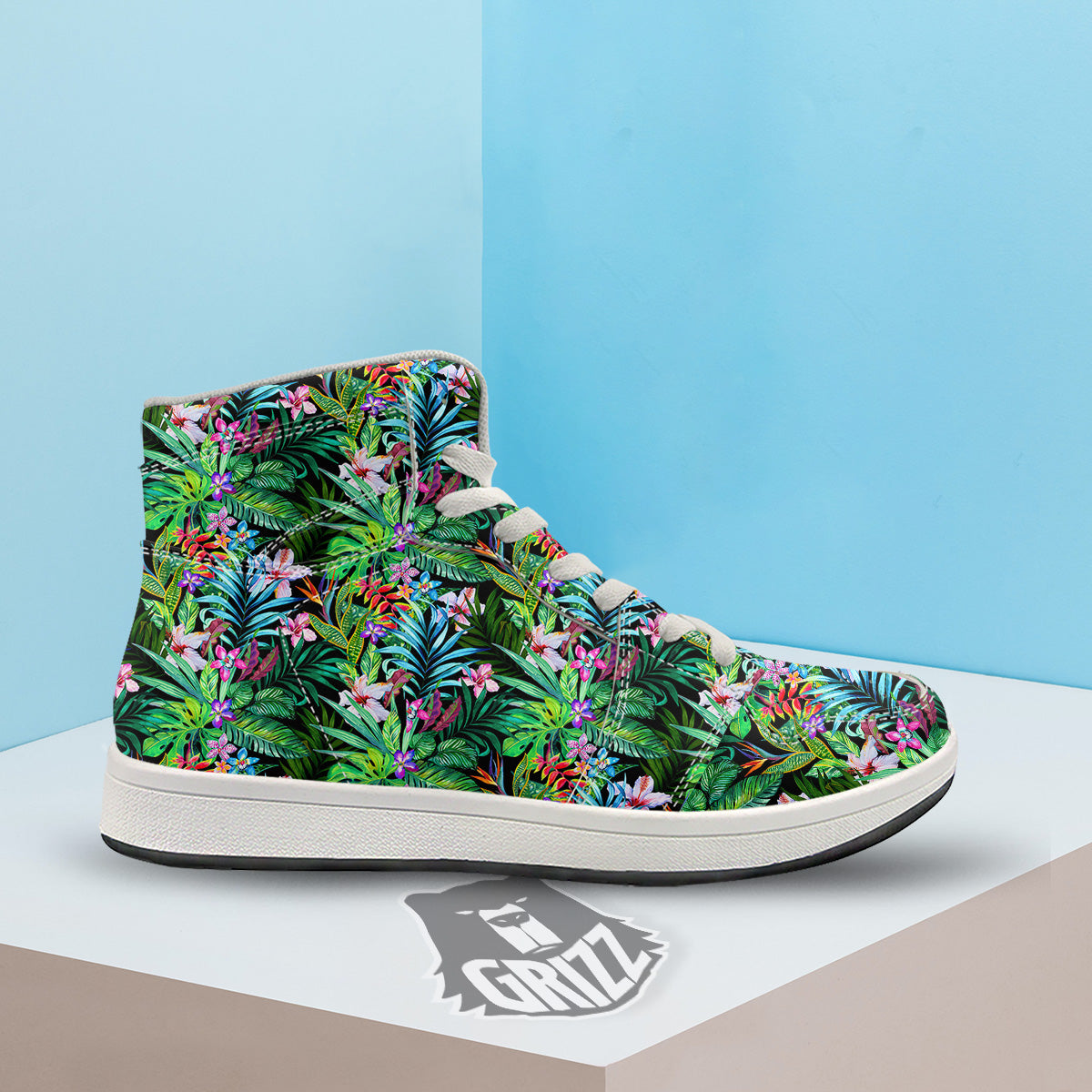 Exotic Hibiscus And Palm Print Pattern High Top Sneakers-grizzshop