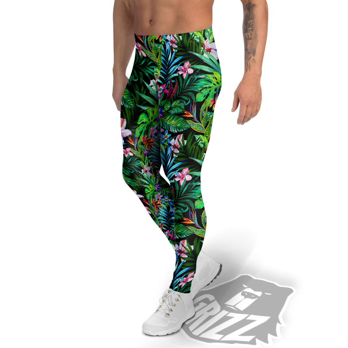 Exotic Hibiscus And Palm Print Pattern Men's Leggings-grizzshop