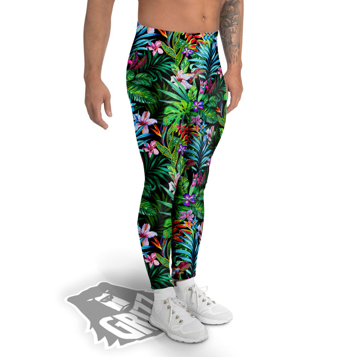 Exotic Hibiscus And Palm Print Pattern Men's Leggings-grizzshop