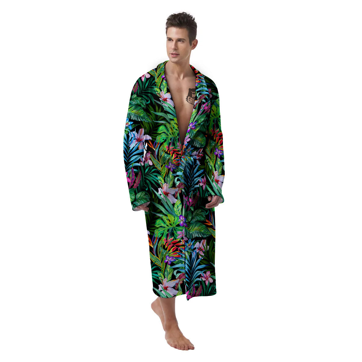 Exotic Hibiscus And Palm Print Pattern Men's Robe-grizzshop