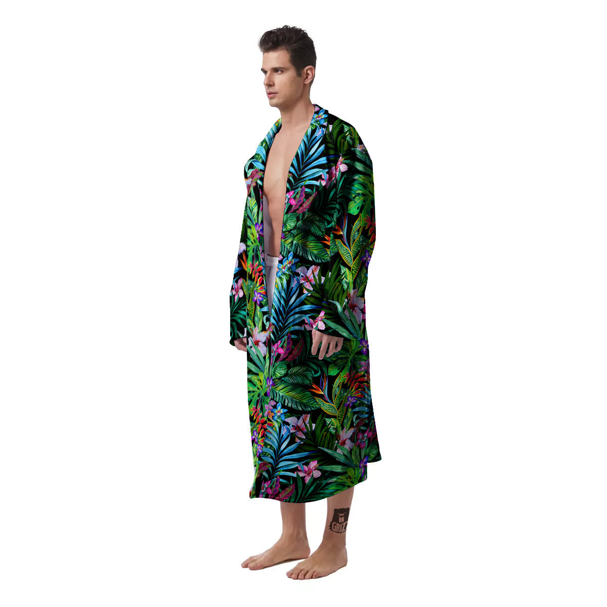 Exotic Hibiscus And Palm Print Pattern Men's Robe-grizzshop