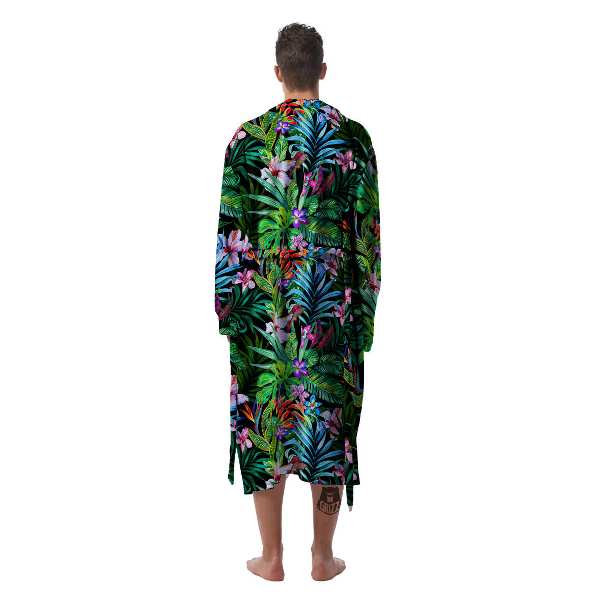 Exotic Hibiscus And Palm Print Pattern Men's Robe-grizzshop