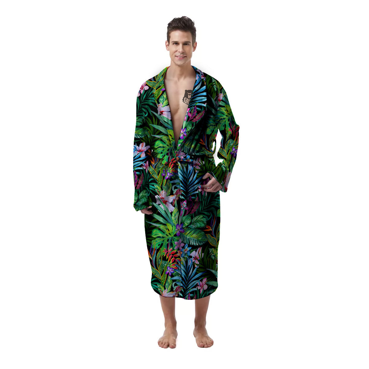 Exotic Hibiscus And Palm Print Pattern Men's Robe-grizzshop