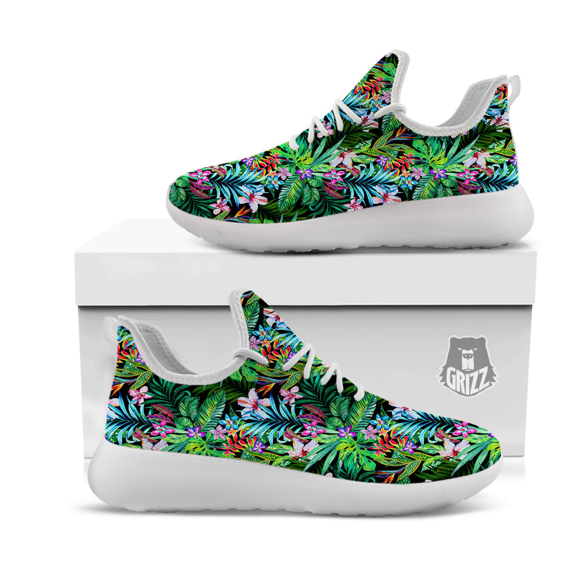Exotic Hibiscus And Palm Print Pattern White Athletic Shoes-grizzshop