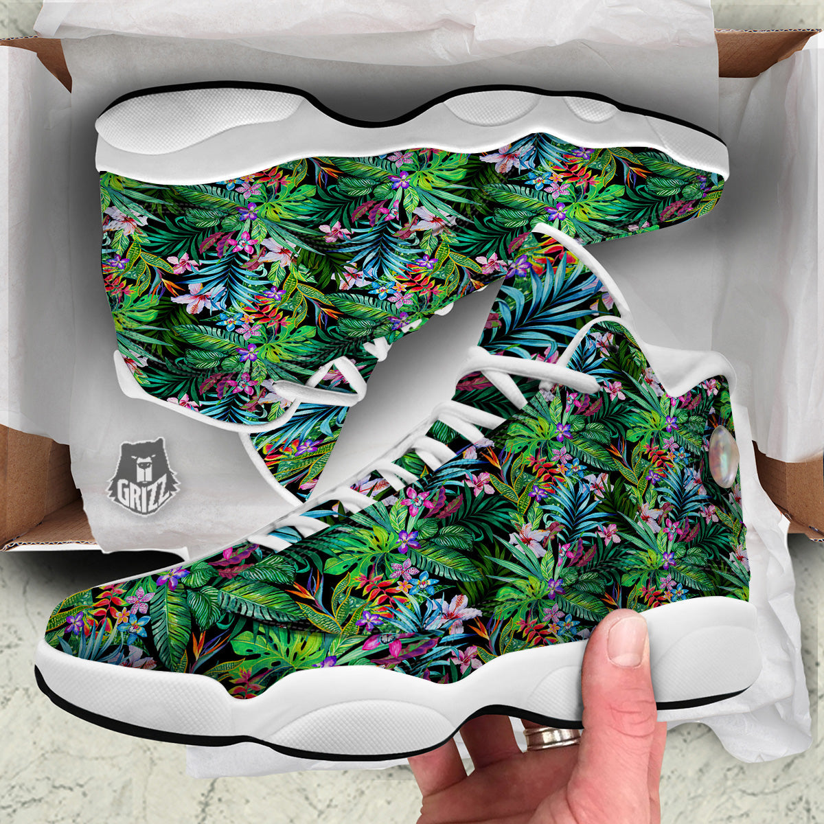 Exotic Hibiscus And Palm Print Pattern White Basketball Shoes-grizzshop