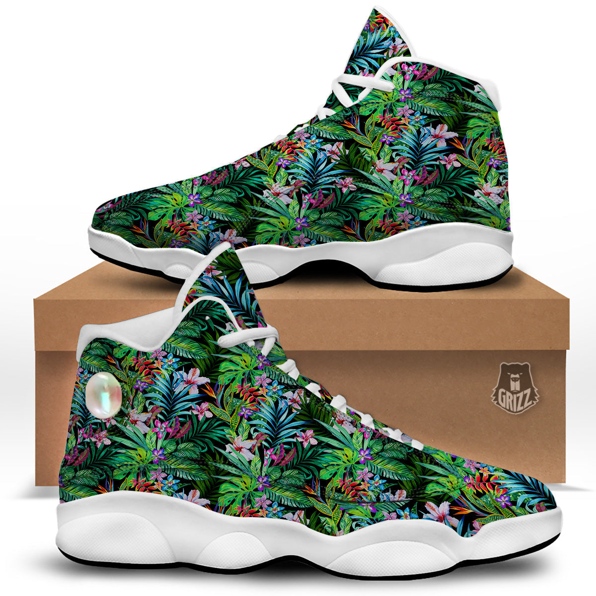 Exotic Hibiscus And Palm Print Pattern White Basketball Shoes-grizzshop