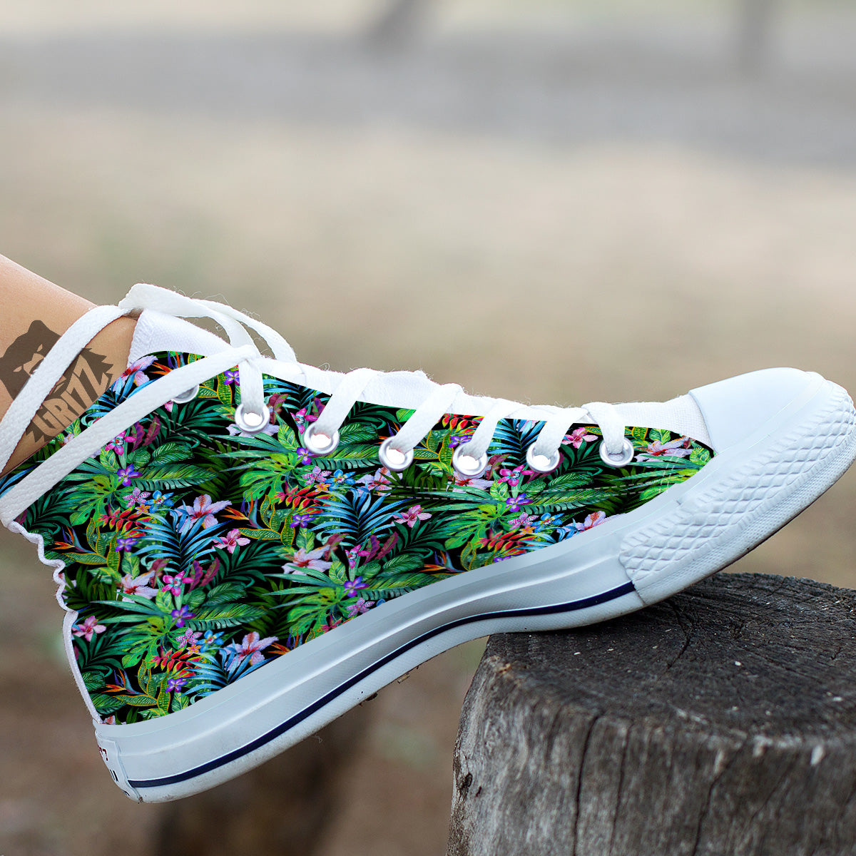 Exotic Hibiscus And Palm Print Pattern White High Top Shoes-grizzshop