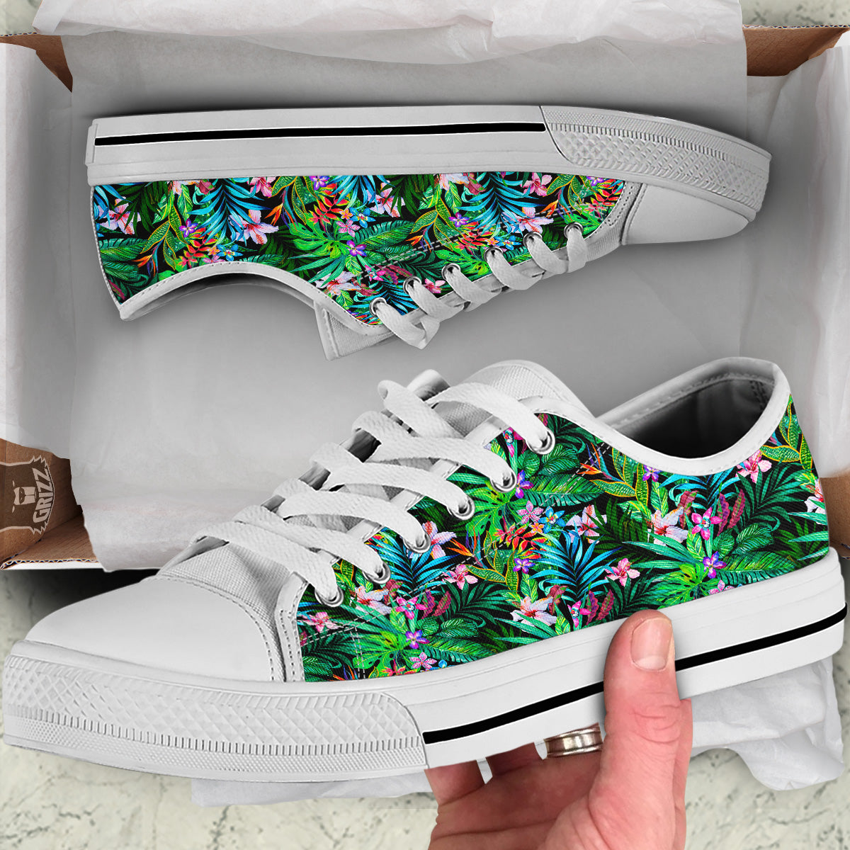 Exotic Hibiscus And Palm Print Pattern White Low Top Shoes-grizzshop