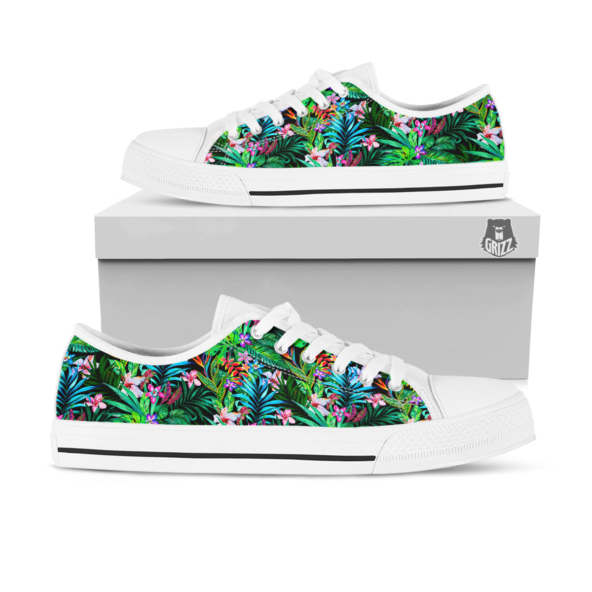 Exotic Hibiscus And Palm Print Pattern White Low Top Shoes-grizzshop