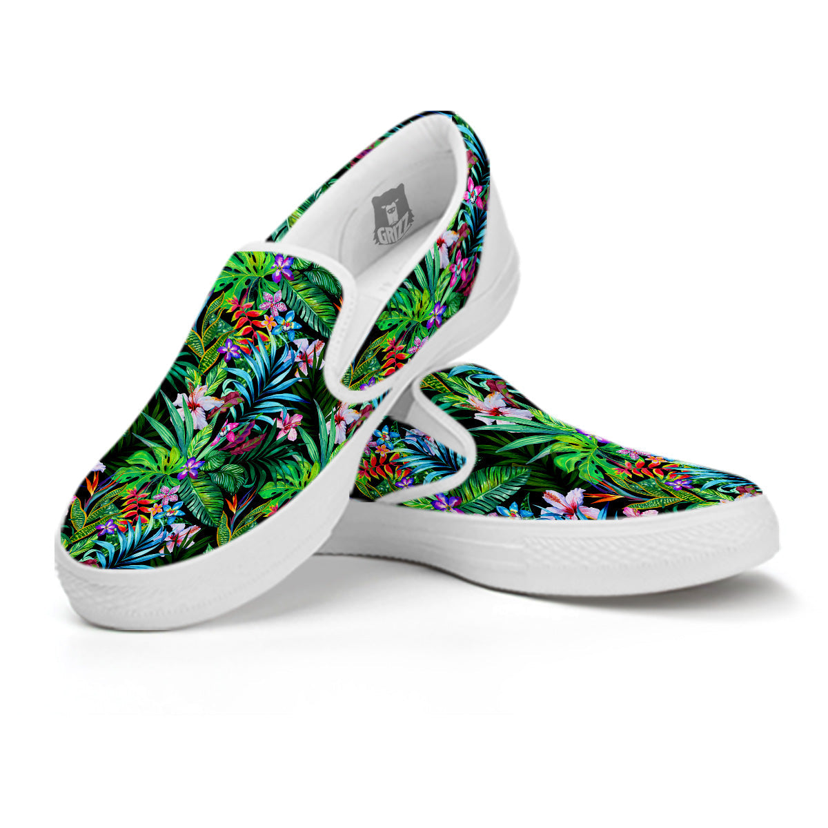 Exotic Hibiscus And Palm Print Pattern White Slip On Shoes-grizzshop