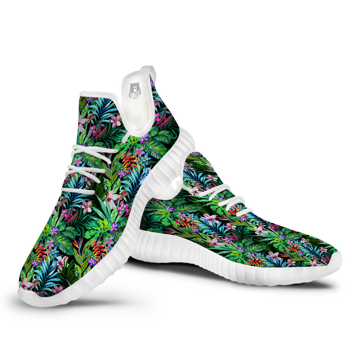 Exotic Hibiscus And Palm Print Pattern White Walking Shoes-grizzshop