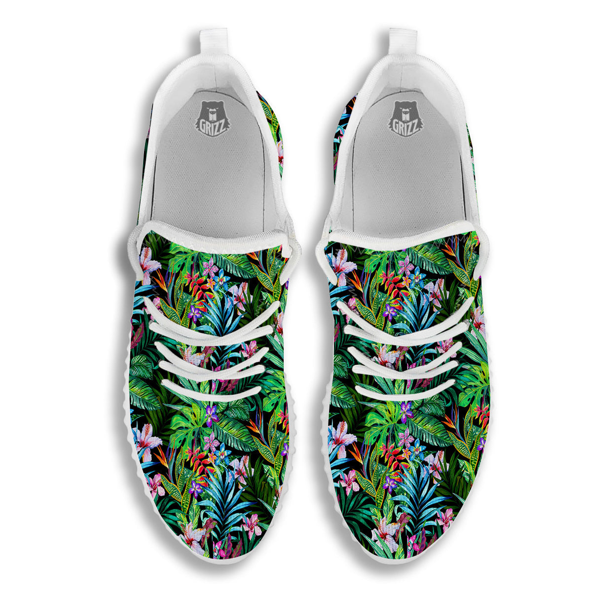 Exotic Hibiscus And Palm Print Pattern White Walking Shoes-grizzshop