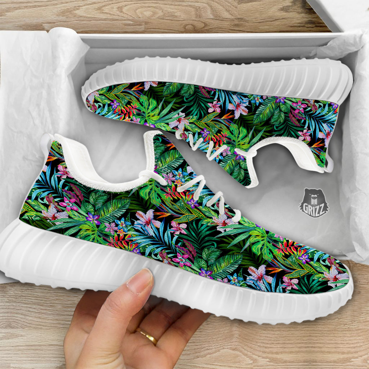 Exotic Hibiscus And Palm Print Pattern White Walking Shoes-grizzshop