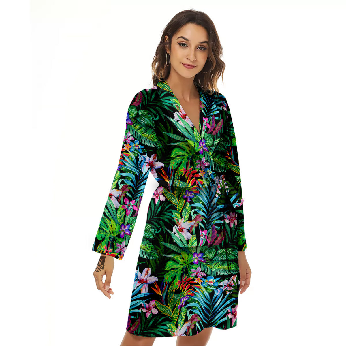 Exotic Hibiscus And Palm Print Pattern Women's Robe-grizzshop