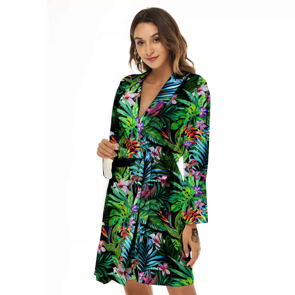 Exotic Hibiscus And Palm Print Pattern Women's Robe-grizzshop