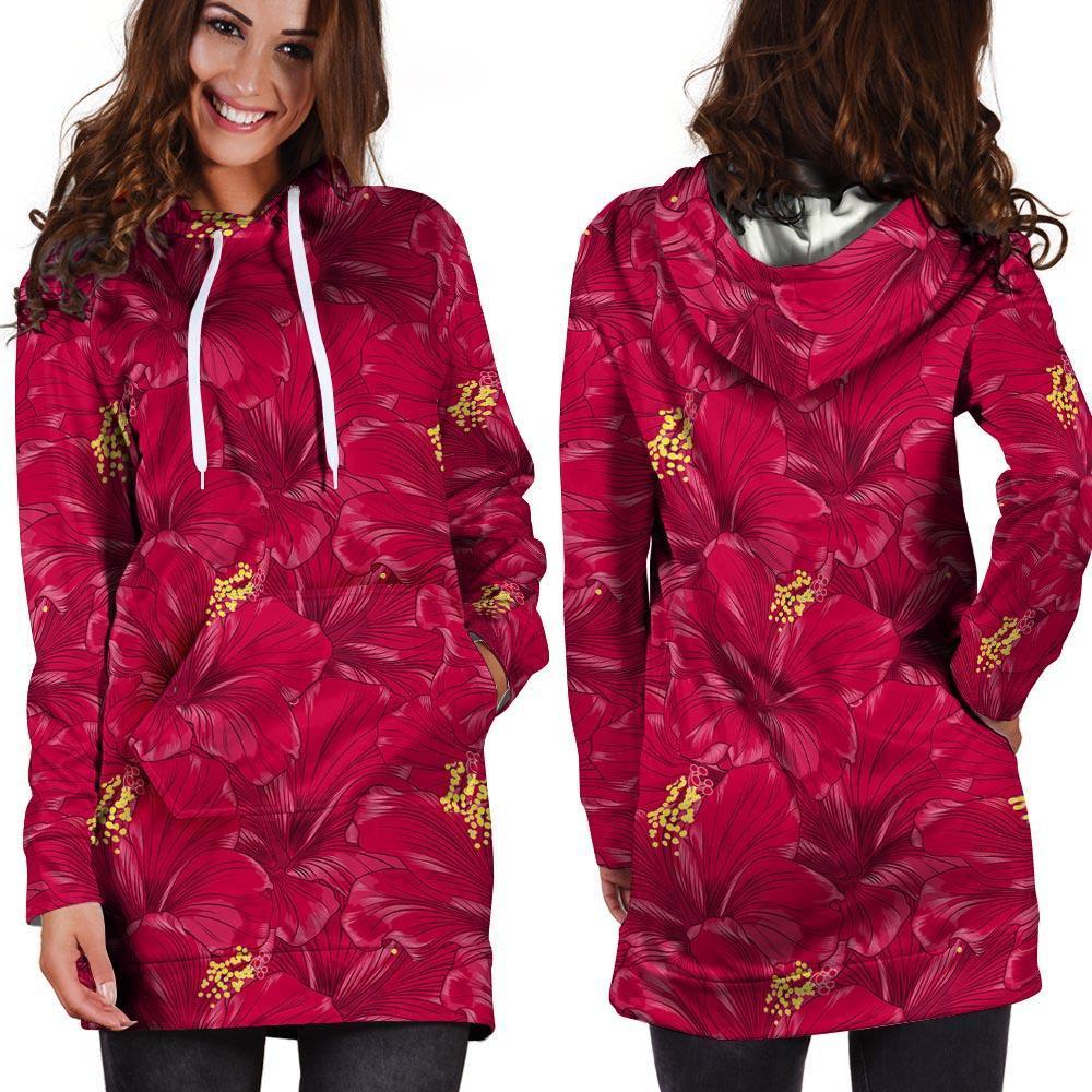 Exotic Hibiscus Flower Hawaiian Print Hoodie Dress-grizzshop