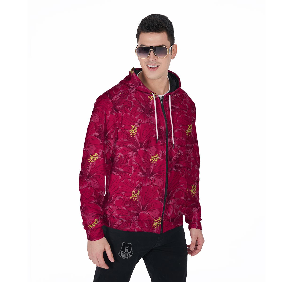 Exotic Hibiscus Flower Hawaiian Print Men's Zip Up Hoodie-grizzshop