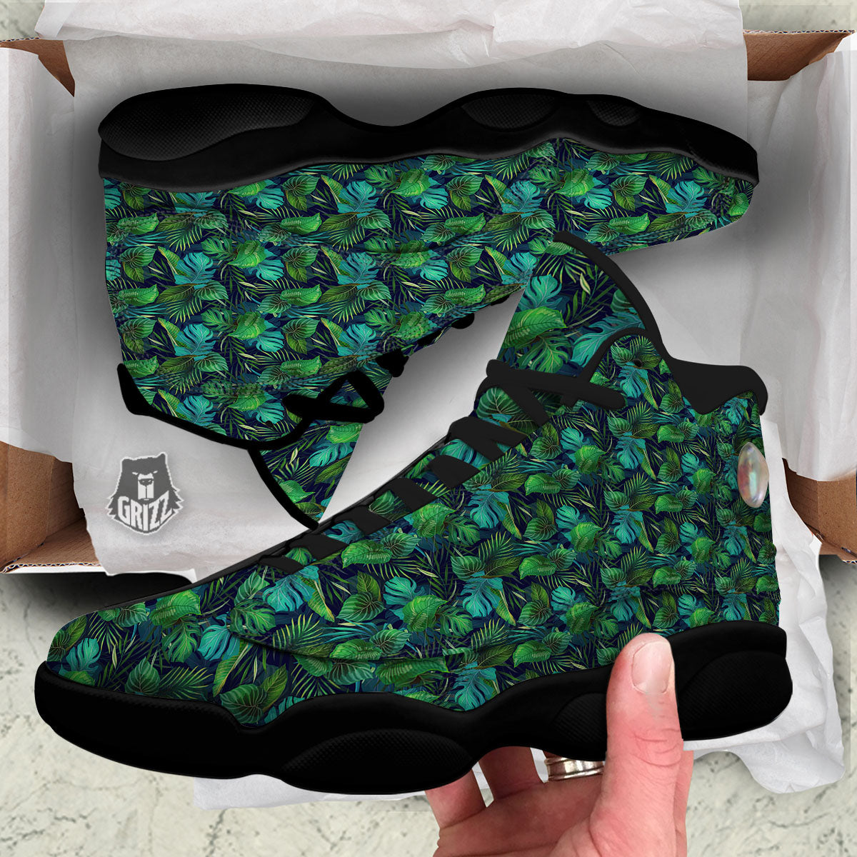 Exotic Leaf Tropical Print Pattern Black Basketball Shoes-grizzshop