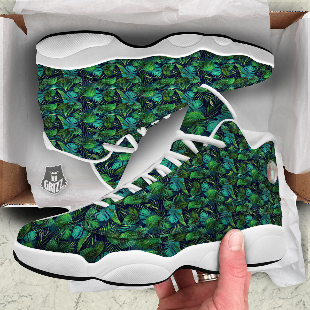 Exotic Leaf Tropical Print Pattern White Basketball Shoes-grizzshop