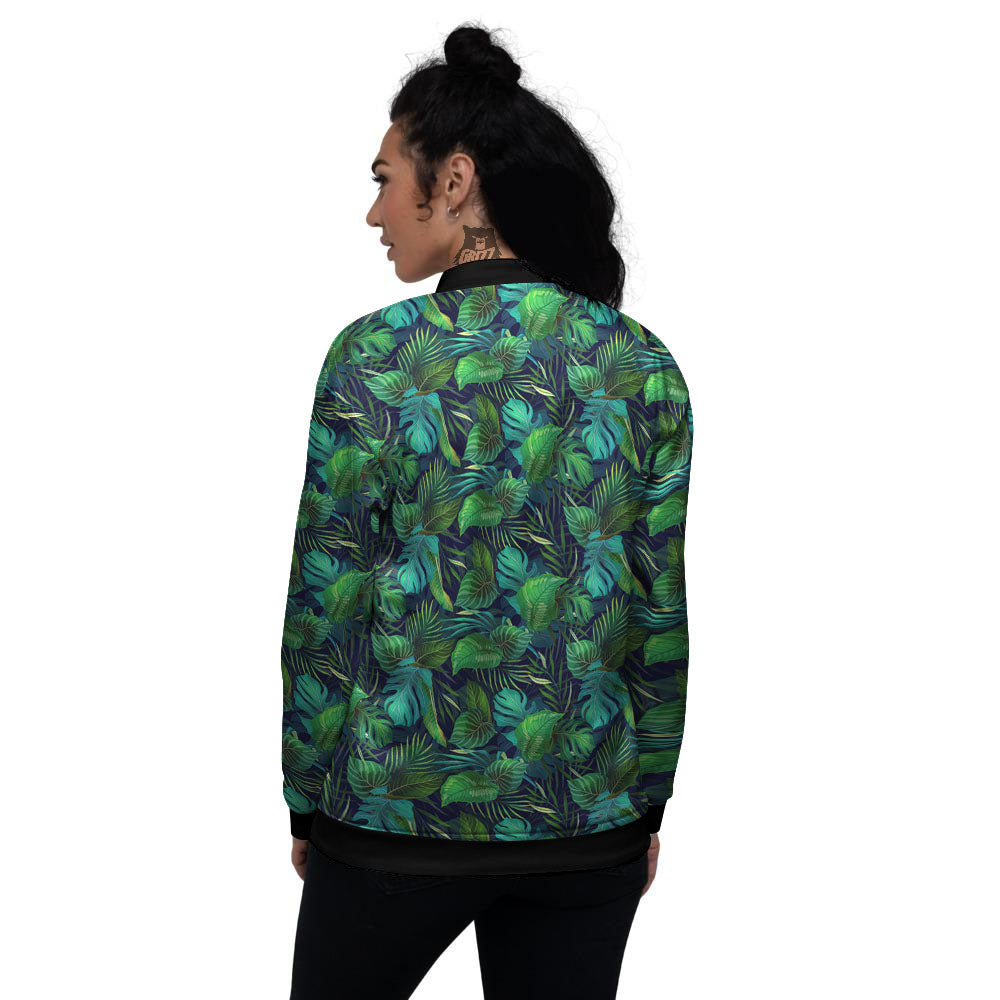 Exotic Leaf Tropical Print Pattern Women's Bomber Jacket-grizzshop