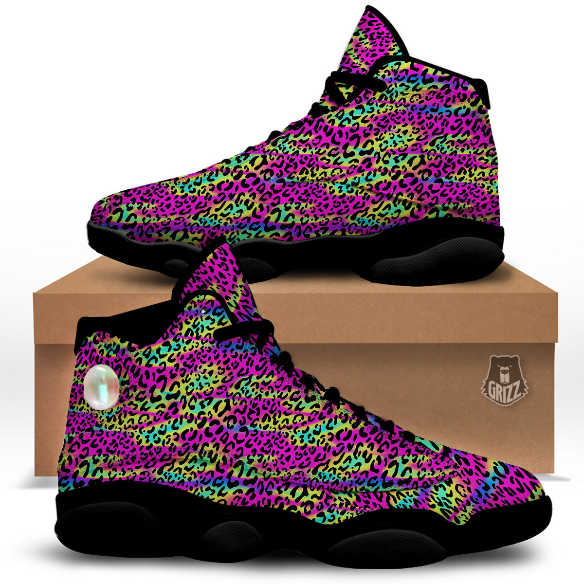 Exotic Neon Leopard Print Pattern Black Basketball Shoes-grizzshop