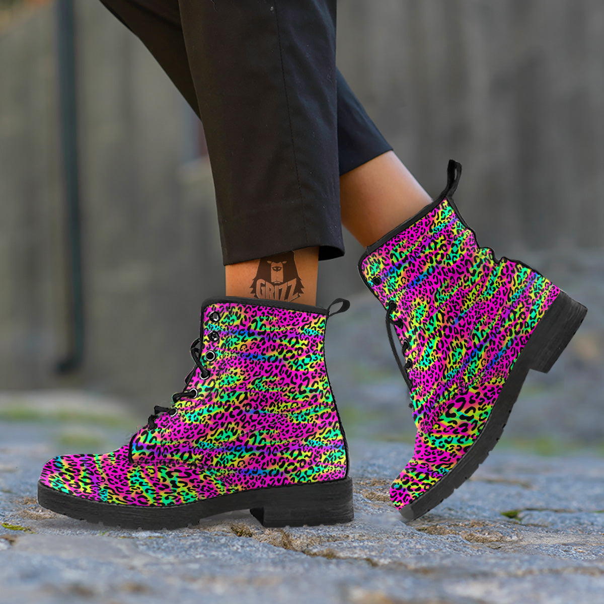 Exotic Neon Leopard Print Pattern Leather Boots-grizzshop