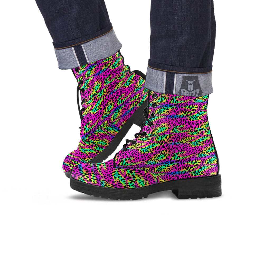 Exotic Neon Leopard Print Pattern Leather Boots-grizzshop