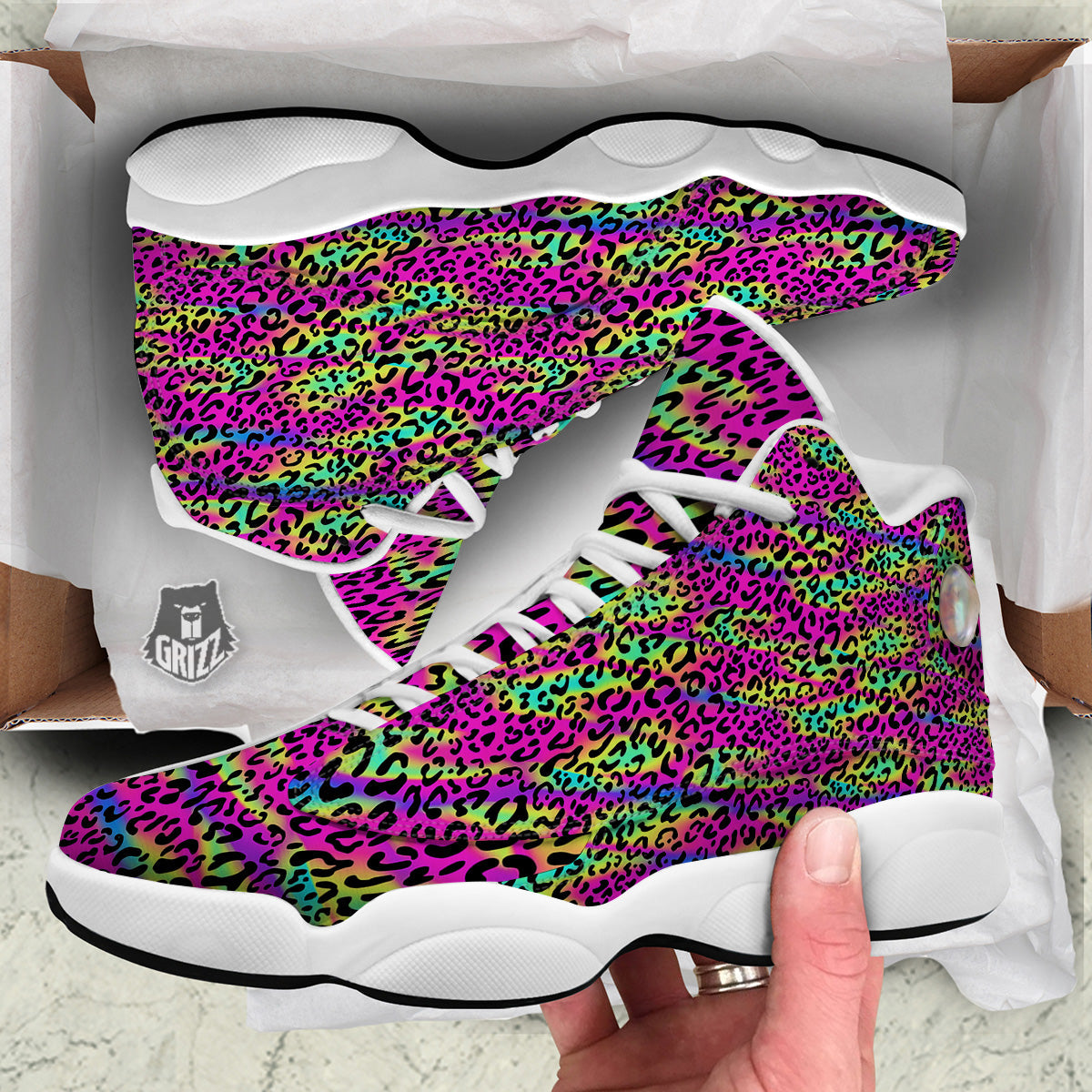 Exotic Neon Leopard Print Pattern White Basketball Shoes-grizzshop