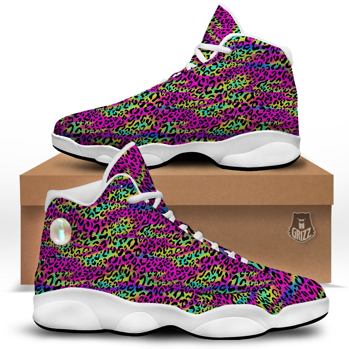 Exotic Neon Leopard Print Pattern White Basketball Shoes-grizzshop