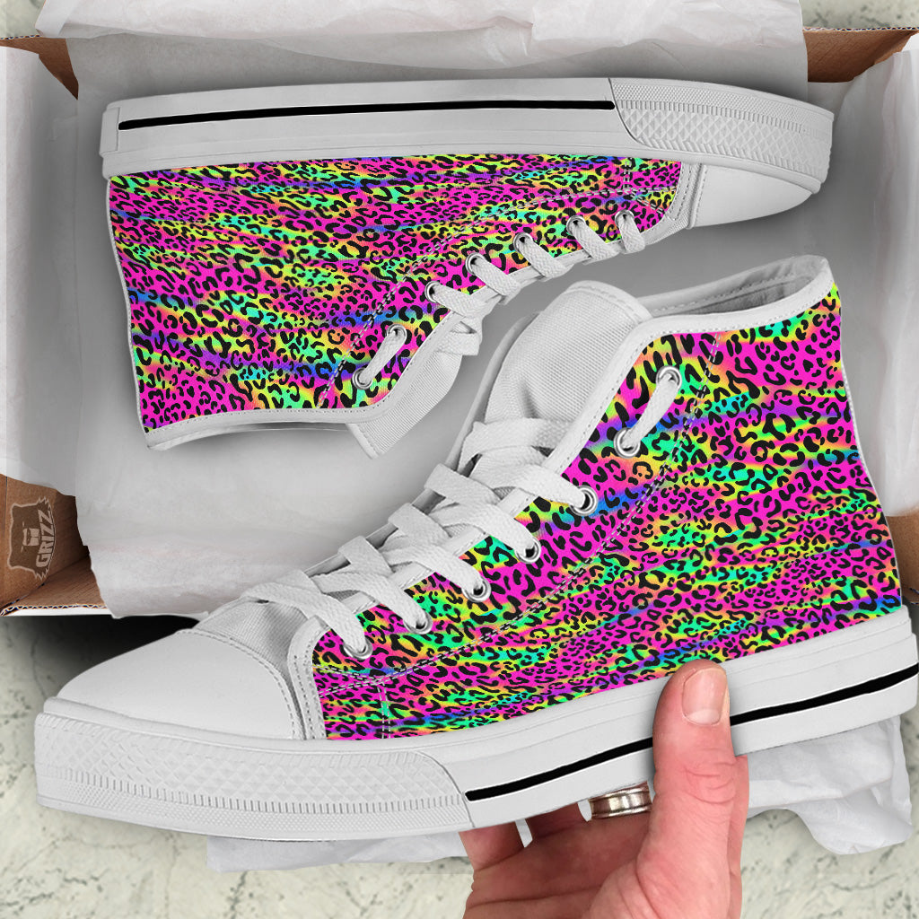 Exotic Neon Leopard Print Pattern White High Top Shoes-grizzshop