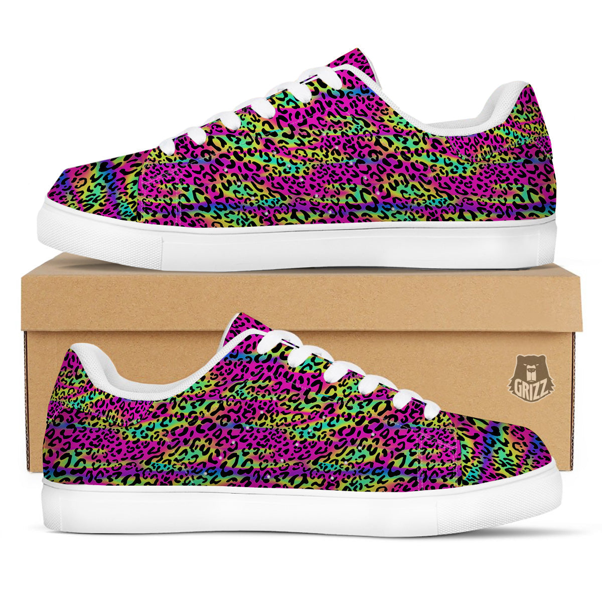 Exotic Neon Leopard Print Pattern White Low Top Sneakers-grizzshop