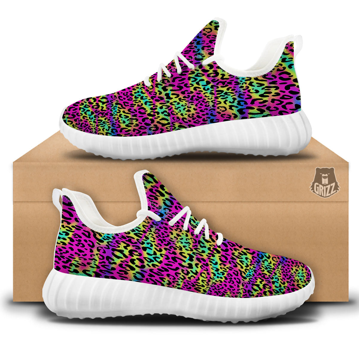 Exotic Neon Leopard Print Pattern White Walking Shoes-grizzshop