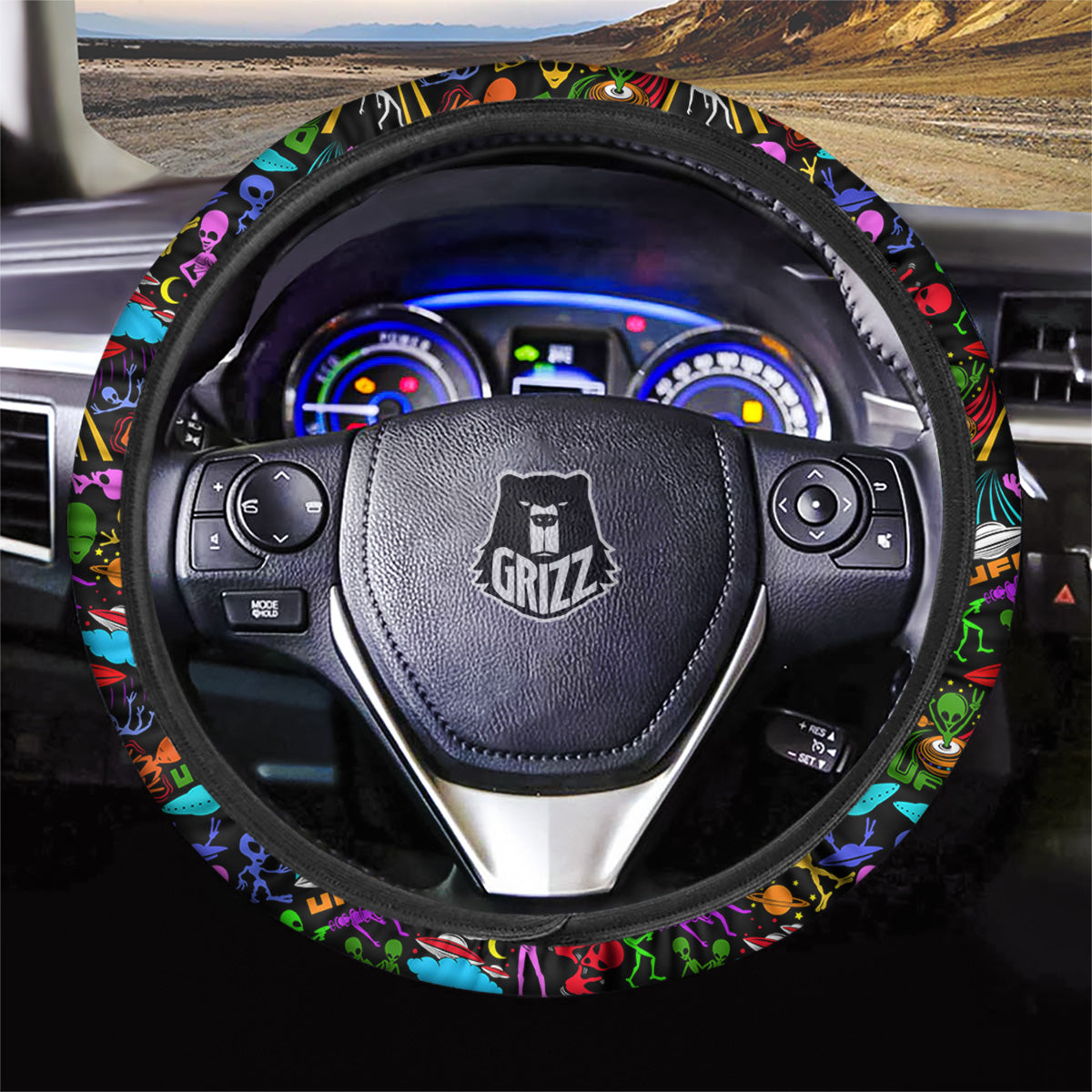 Extraterrestrial Aliens Colorful Print Pattern Car Steering Wheel Cover-grizzshop